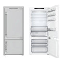 Panel-ready built-in bottom freezer refrigerator in white, with vertical integrated handles