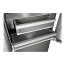 Pull-out refrigerator shelves and bins inside open door, stainless steel
