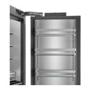 Built-in bottom freezer refrigerator door open with interior shelves and rails