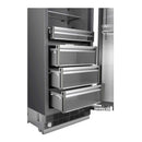 Stainless steel refrigerator column with pull-out drawers and compartments open