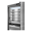 Stainless refrigerator column with door open, upper compartments and adjustable shelves
