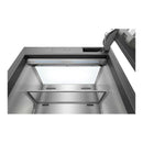 Refrigerator interior with top dispenser area and two-tier shelf rails