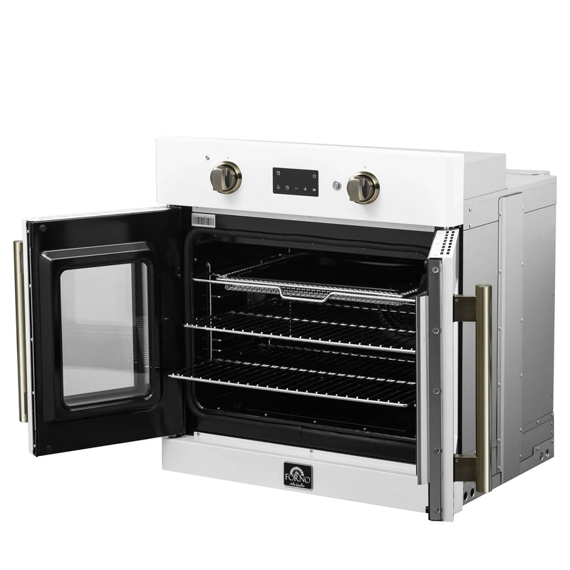 Forno 2-Piece Appliance Package - 30-Inch Asti French Door Electric Wall Oven & 30-Inch Microwave Oven in White with Antique Brass Handle
