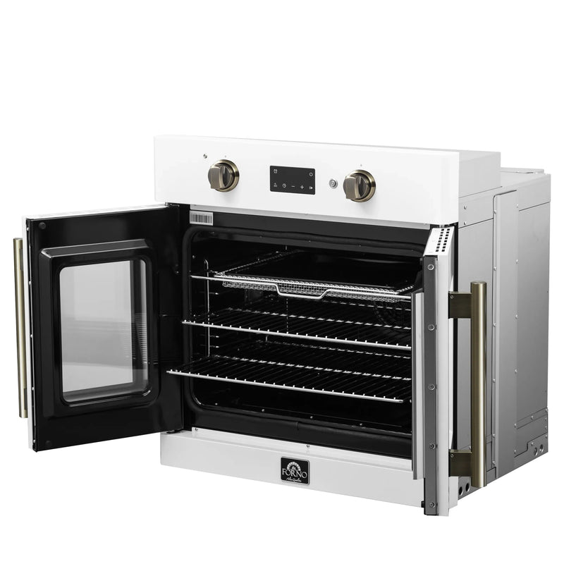 Forno Asti 30-Inch French Door Electric Wall Oven in White with Antique Brass Handles (FBOEL1333-30WHT)