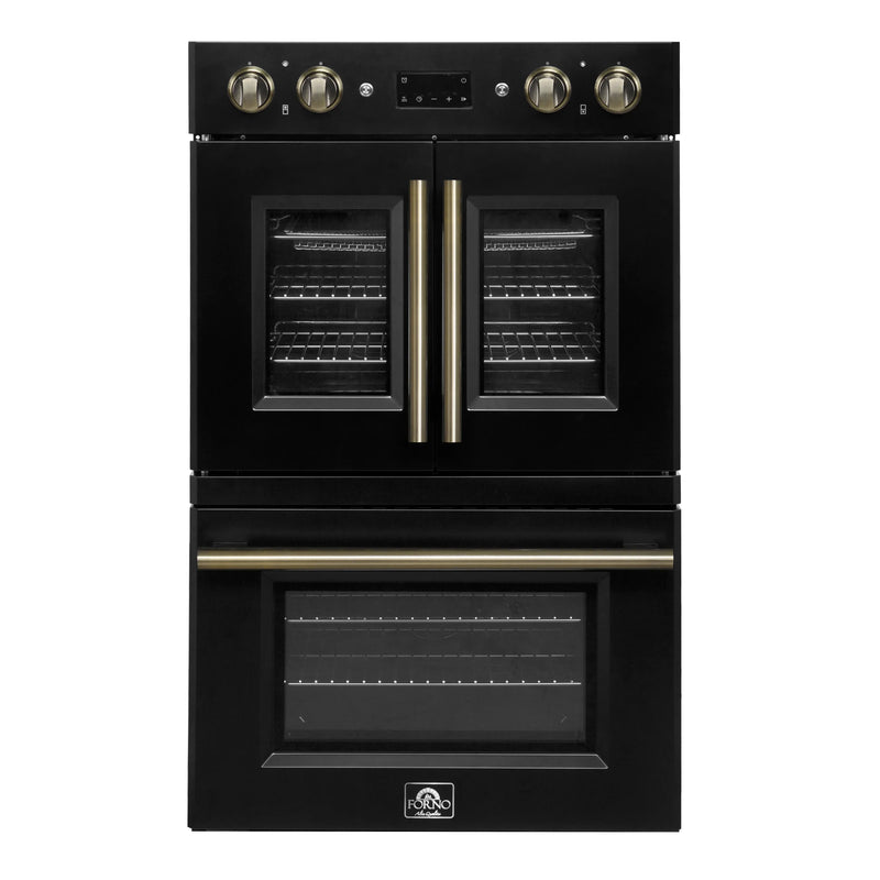 Forno Asti 30-Inch Double Electric Wall Oven with Upper French Doors in Black with Antique Brass Trim (FBOEL1340-30BLK)