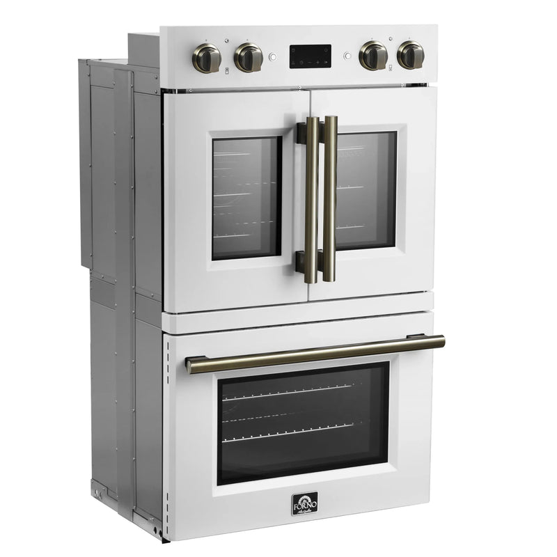 Forno 2-Piece Appliance Package - 30-Inch Asti French Door Double Electric Wall Oven & 30-Inch Microwave Oven in White with Antique Brass Handle