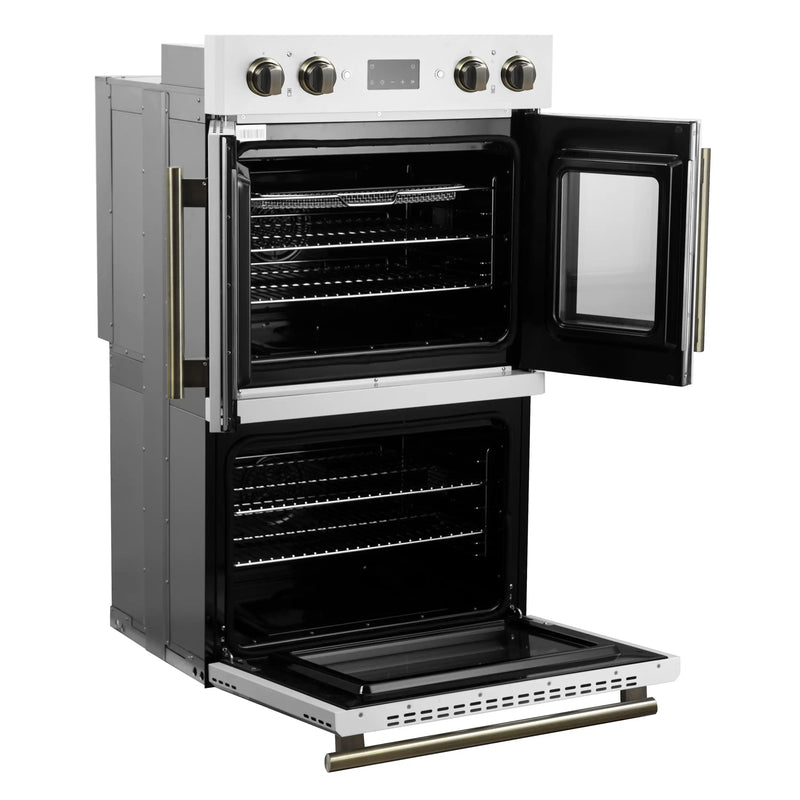 Forno 2-Piece Appliance Package - 30-Inch Asti French Door Double Electric Wall Oven & 30-Inch Microwave Oven in White with Antique Brass Handle
