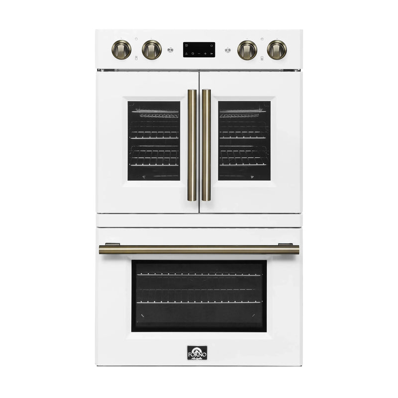 Forno 2-Piece Appliance Package - 30-Inch Asti French Door Double Electric Wall Oven & 30-Inch Microwave Oven in White with Antique Brass Handle