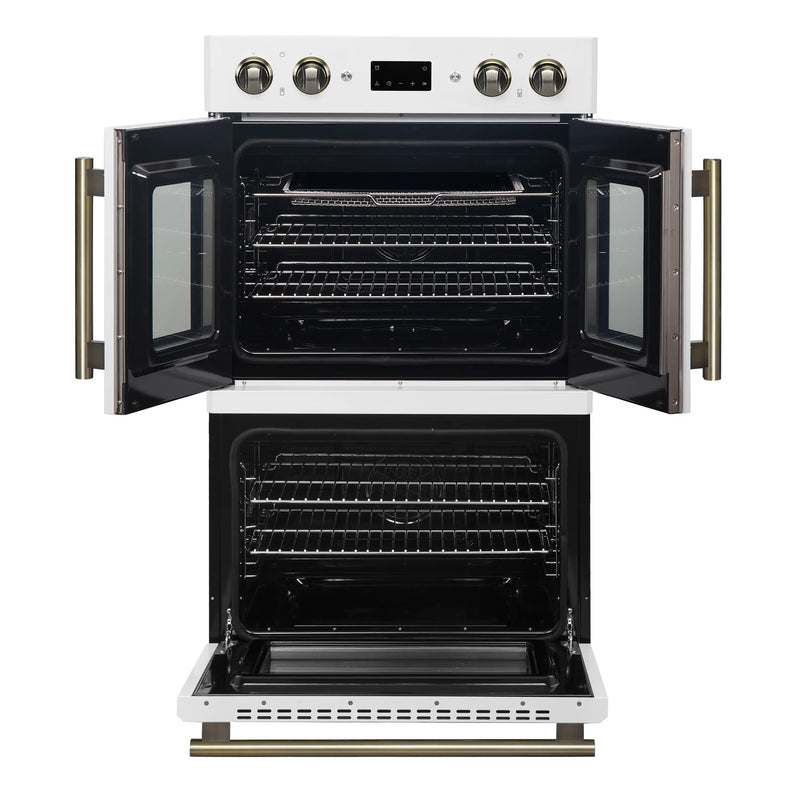Forno Asti 30-Inch Double Electric Wall Oven with Upper French Doors in White with Antique Brass Trim (FBOEL1340-30WHT)