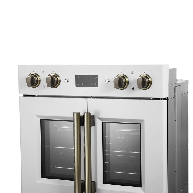 Forno 2-Piece Appliance Package - 30-Inch Asti French Door Double Electric Wall Oven & 30-Inch Microwave Oven in White with Antique Brass Handle