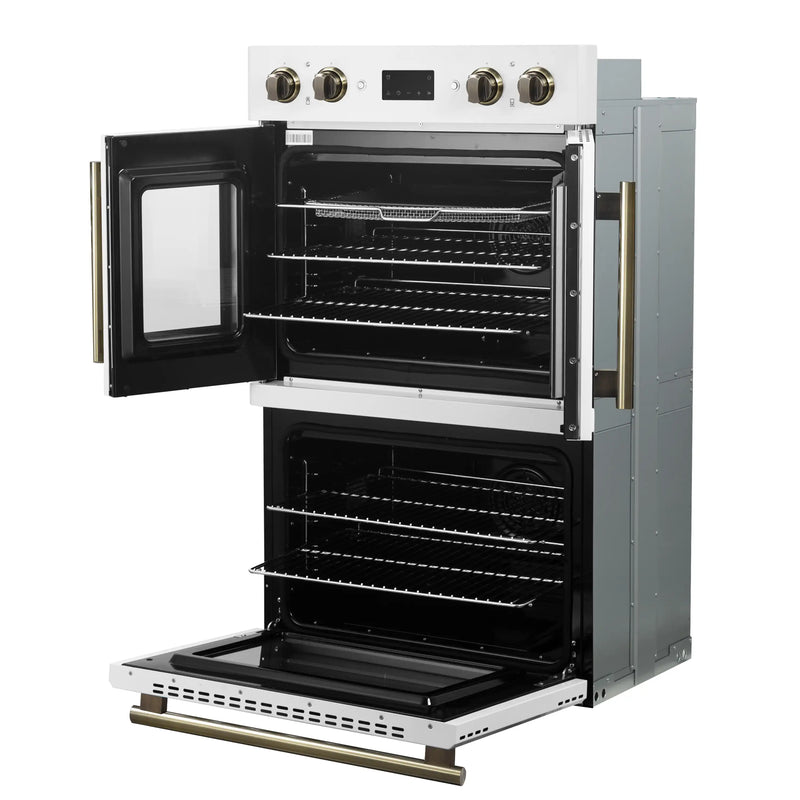 Forno Asti 30-Inch Double Electric Wall Oven with Upper French Doors in White with Antique Brass Trim (FBOEL1340-30WHT)