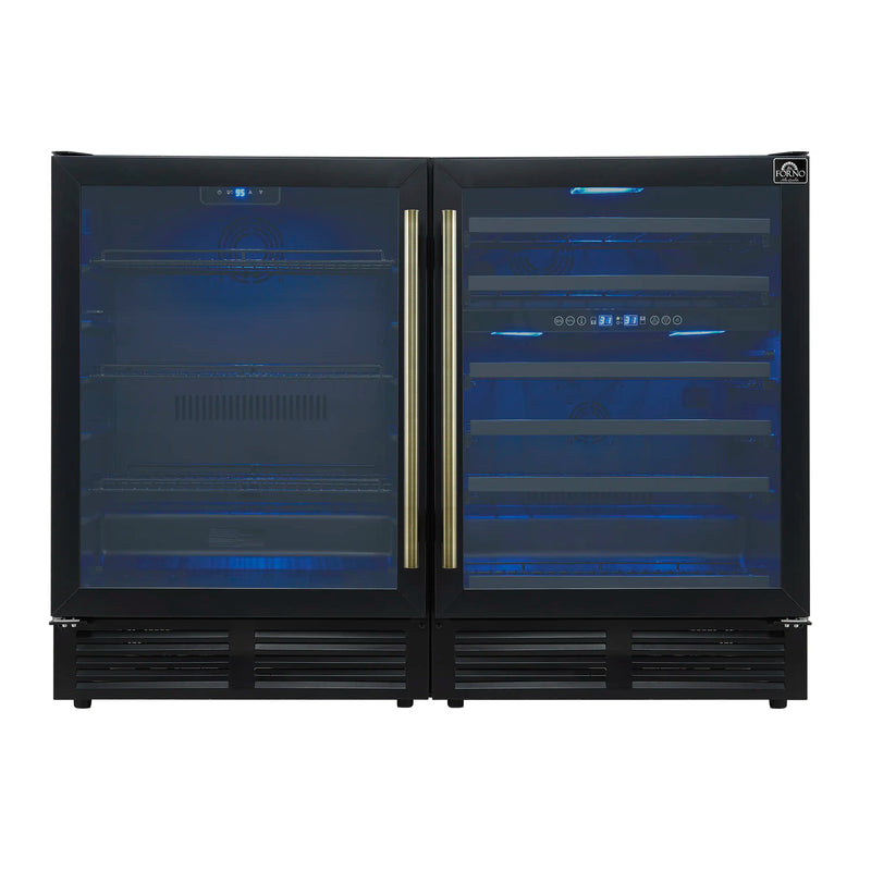 Forno Gemello 48-Inch 9.6 Cu. Ft. Side-by-Side Wine and Beverage Cooler in Black with Antique Brass Handle (FWCDR6699-48BLK)