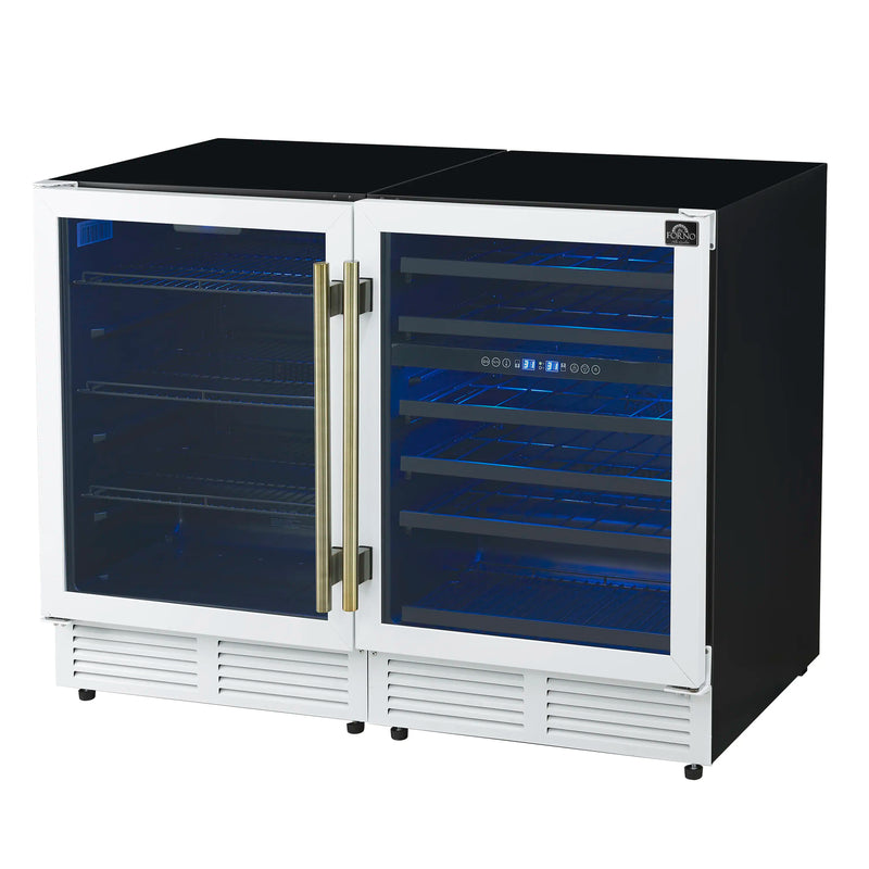 Forno Gemello 48-Inch 9.6 Cu. Ft. Side-by-Side Wine and Beverage Cooler in White with Antique Brass Handle (FWCDR6699-48WHT)