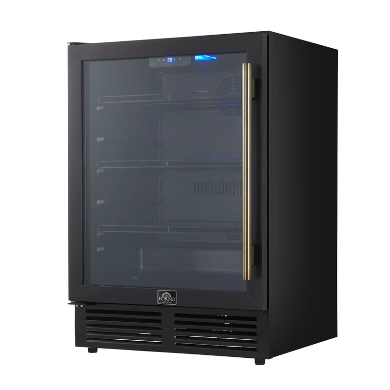 Forno Frescolino 24-Inch Beverage Cooler in Black with Antique Brass Handle, with LED Lighting, Triple Glass Door, 188 Can Capacity, Built-In or Freestanding (FWCDR6665-24BLK)