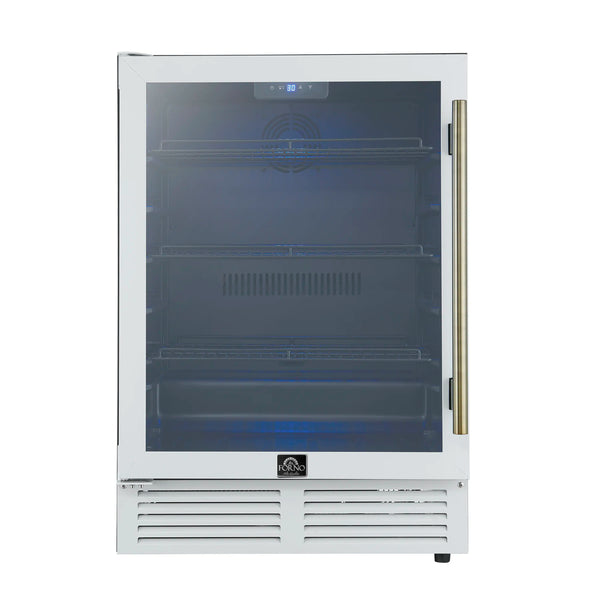 Forno Frescolino 24-Inch Beverage Cooler in White with Antique Brass Handle, with LED Lighting, Triple Glass Door, 188 Can Capacity, Built-In or Freestanding (FWCDR6665-24WHT)