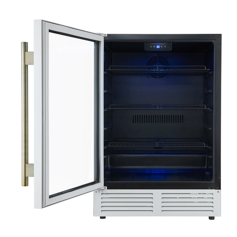 Forno Frescolino 24-Inch Beverage Cooler in White with Antique Brass Handle, with LED Lighting, Triple Glass Door, 188 Can Capacity, Built-In or Freestanding (FWCDR6665-24WHT)