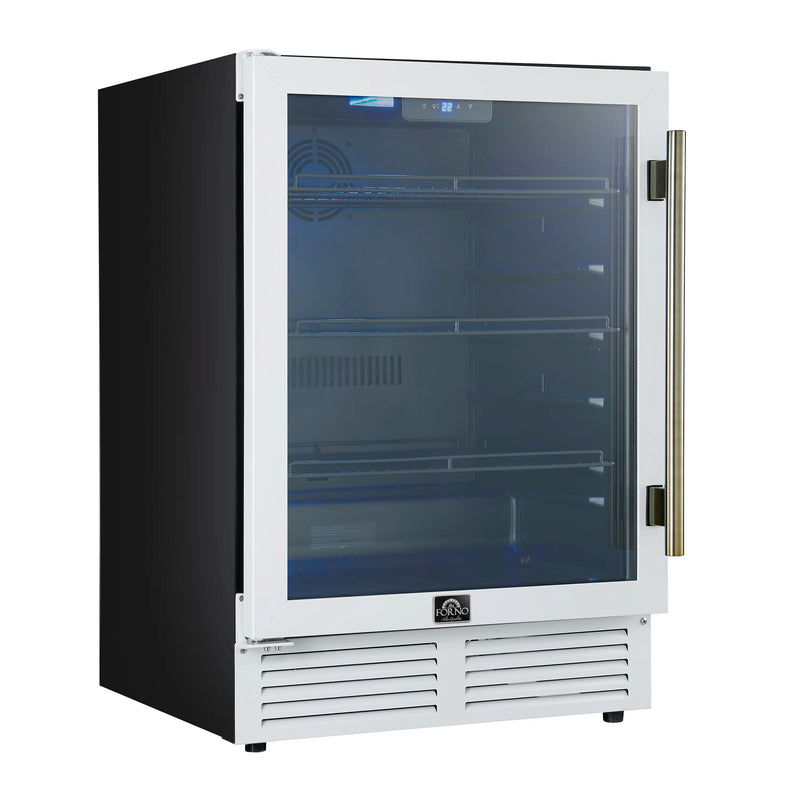 Forno Frescolino 24-Inch Beverage Cooler in White with Antique Brass Handle, with LED Lighting, Triple Glass Door, 188 Can Capacity, Built-In or Freestanding (FWCDR6665-24WHT)