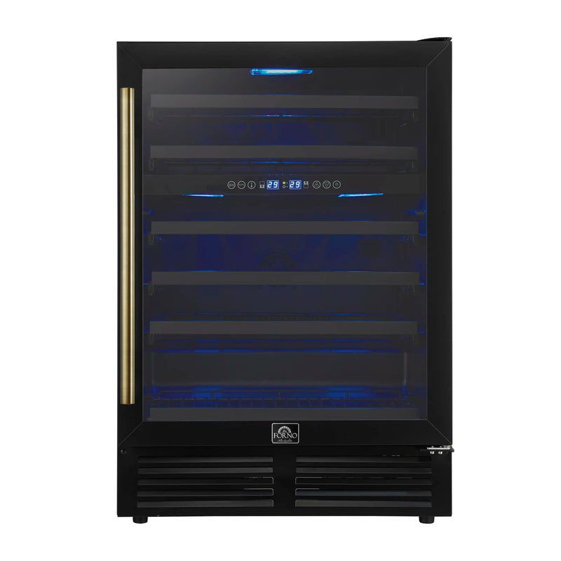 Forno Bachino 24-Inch Wine Cooler in Black with Antique Brass Handle, with LED Lighting, Triple Glass Door, & 51 Bottle Capacity (FWCDR6634-24BLK)