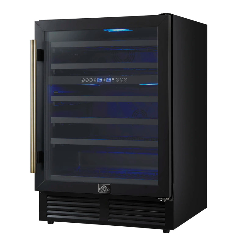 Forno Bachino 24-Inch Wine Cooler in Black with Antique Brass Handle, with LED Lighting, Triple Glass Door, & 51 Bottle Capacity (FWCDR6634-24BLK)