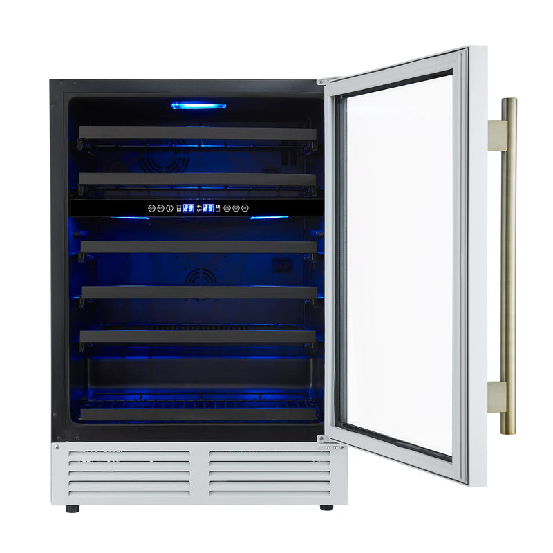 Forno Bachino 24-Inch Wine Cooler in White with Antique Brass Handle, with LED Lighting, Triple Glass Door, & 51 Bottle Capacity (FWCDR6634-24WHT)