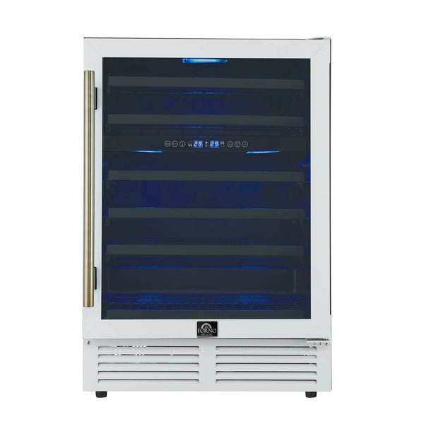 Forno Bachino 24-Inch Wine Cooler in White with Antique Brass Handle, with LED Lighting, Triple Glass Door, & 51 Bottle Capacity (FWCDR6634-24WHT)
