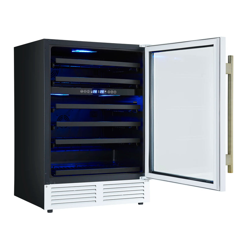Forno Bachino 24-Inch Wine Cooler in White with Antique Brass Handle, with LED Lighting, Triple Glass Door, & 51 Bottle Capacity (FWCDR6634-24WHT)