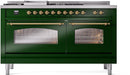 ILVE Nostalgie II 60-Inch Dual Fuel Freestanding Range with Removable Griddle in Emerald Green with Brass Trim (UP60FSNMPEGG)