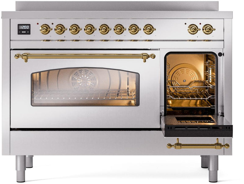 ILVE Nostalgie II 48-Inch Freestanding Electric Induction Range in Stainless Steel with Brass Trim (UPI486NMPSSG)
