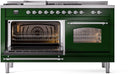 ILVE Nostalgie II 60-Inch Dual Fuel Freestanding Range with Removable Griddle in Emerald Green with Chrome Trim (UP60FSNMPEGC)