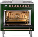 ILVE Nostalgie II 36-Inch Dual Fuel Freestanding Range with Removable Griddle in Emerald Green with Copper Trim (UP36FNMPEGP)