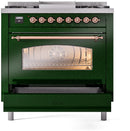 ILVE Nostalgie II 36-Inch Dual Fuel Freestanding Range with Removable Griddle in Emerald Green with Copper Trim (UP36FNMPEGP)
