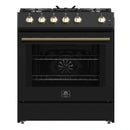 Forno 4-Piece Appliance Package - 30-Inch Espresso Gas Range , Wall Mount Range Hood, 60-Inch Built-In Convertible Refrigerator, and Dishwasher in Black with Antique Brass Handle