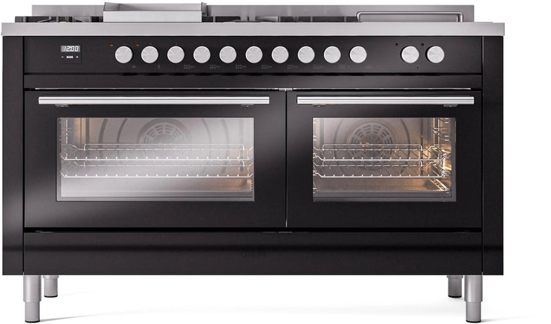 ILVE 60-Inch Professional Plus II Freestanding Dual Fuel Range with 7 Gas Burner and Removable Griddle in Glossy Black (UP60FSWMPBK)