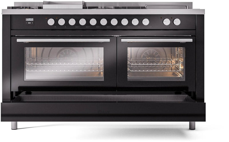 ILVE 60-Inch Professional Plus II Freestanding Dual Fuel Range with 7 Gas Burner and Removable Griddle in Glossy Black (UP60FSWMPBK)