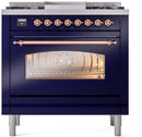 ILVE Nostalgie II 36-Inch Dual Fuel Freestanding Range with Removable Griddle in Midnight Blue with Copper Trim (UP36FNMPMBP)