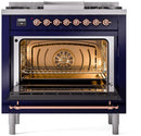 ILVE Nostalgie II 36-Inch Dual Fuel Freestanding Range with Removable Griddle in Midnight Blue with Copper Trim (UP36FNMPMBP)