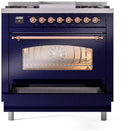 ILVE Nostalgie II 36-Inch Dual Fuel Freestanding Range with Removable Griddle in Midnight Blue with Copper Trim (UP36FNMPMBP)