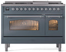 ILVE Nostalgie II 48-Inch Dual Fuel Freestanding Range with Removable Griddle in Blue Grey with Chrome Trim (UP48FNMPBGC)