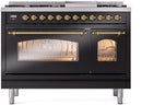 ILVE Nostalgie II 48-Inch Dual Fuel Freestanding Range with Removable Griddle in Glossy Black with Brass Trim (UP48FNMPBKG)