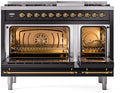 ILVE Nostalgie II 48-Inch Dual Fuel Freestanding Range with Removable Griddle in Glossy Black with Brass Trim (UP48FNMPBKG)