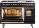 ILVE Nostalgie II 48-Inch Dual Fuel Freestanding Range with Removable Griddle in Glossy Black with Brass Trim (UP48FNMPBKG)