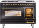 ILVE Nostalgie II 48-Inch Dual Fuel Freestanding Range with Removable Griddle in Glossy Black with Brass Trim (UP48FNMPBKG)