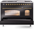 ILVE Nostalgie II 48-Inch Dual Fuel Freestanding Range with Removable Griddle in Glossy Black with Brass Trim (UP48FNMPBKG)