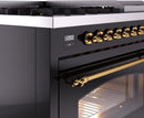 ILVE Nostalgie II 48-Inch Dual Fuel Freestanding Range with Removable Griddle in Glossy Black with Brass Trim (UP48FNMPBKG)