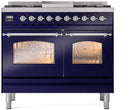 ILVE Nostalgie II 40-Inch Dual Fuel Freestanding Range with Removable Griddle in Midnight Blue with Chrome Trim (UPD40FNMPMBC)