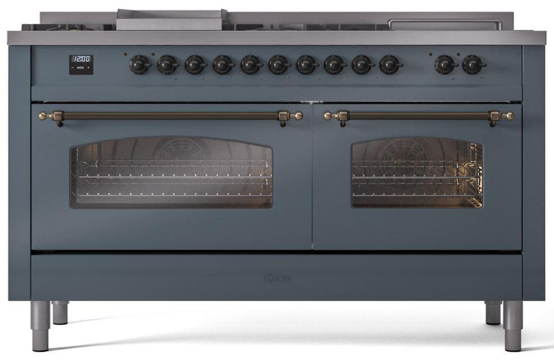 ILVE Nostalgie II 60-Inch Dual Fuel Freestanding Range with Removable Griddle in Blue Grey with Bronze Trim (UP60FSNMPBGB)