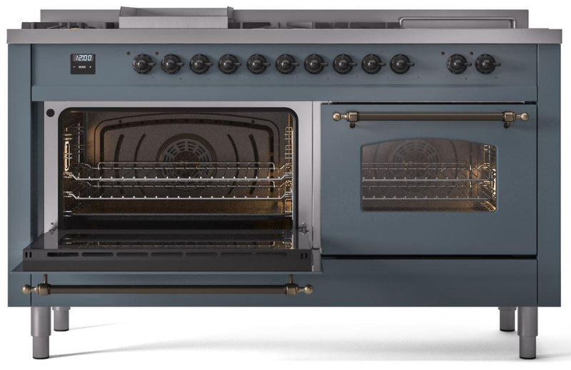 ILVE Nostalgie II 60-Inch Dual Fuel Freestanding Range with Removable Griddle in Blue Grey with Bronze Trim (UP60FSNMPBGB)