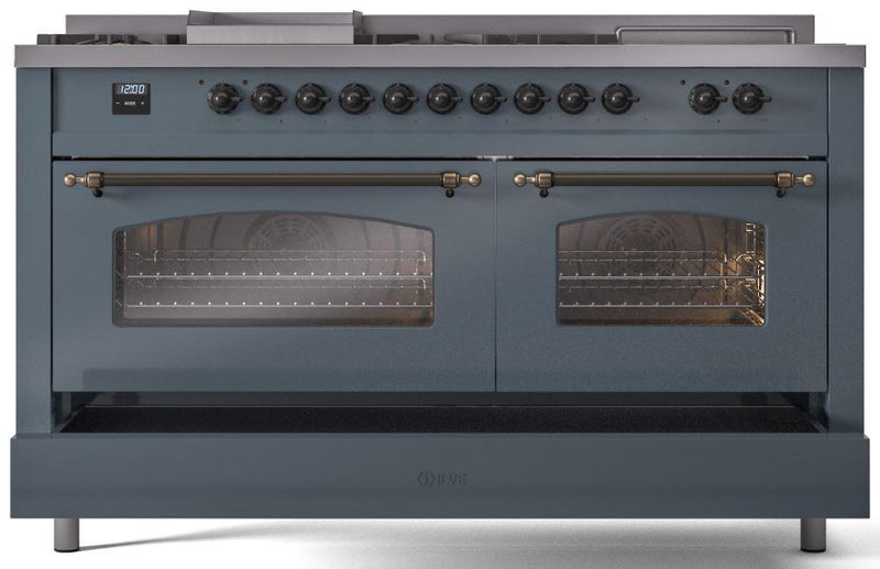 ILVE Nostalgie II 60-Inch Dual Fuel Freestanding Range with Removable Griddle in Blue Grey with Bronze Trim (UP60FSNMPBGB)