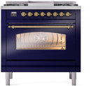 ILVE Nostalgie II 36-Inch Dual Fuel Freestanding Range with Removable Griddle in Midnight Blue with Brass Trim (UP36FNMPMBG)