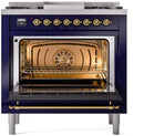 ILVE Nostalgie II 36-Inch Dual Fuel Freestanding Range with Removable Griddle in Midnight Blue with Brass Trim (UP36FNMPMBG)